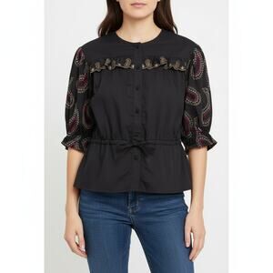 EUC Emily Lovelock Black Button-Up Blouse Tie-Waist Top XS Women’s Casual Boho